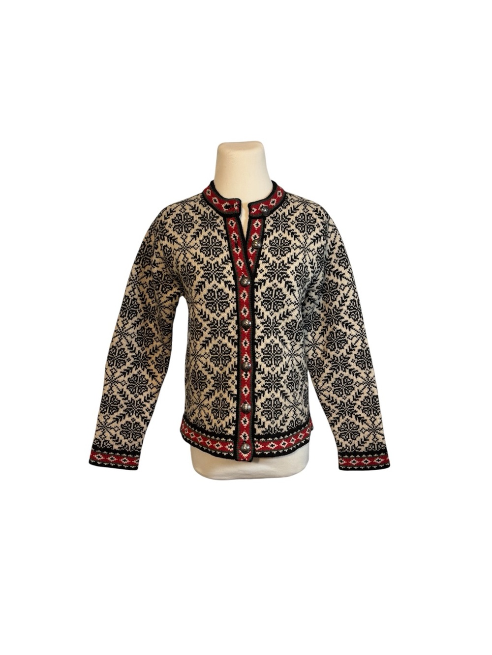 LL Bean XS 100% Merino Wool Black & Red Scandinavian Pattern Cardigan Sweater